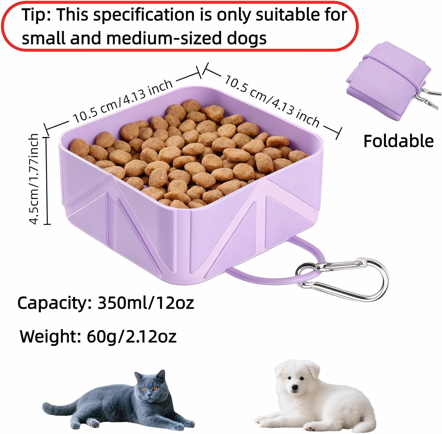 Portable Collapsible Silicone Dog Bowl, 12Oz(350Ml) Foldable Pet Travel Water & Food Dish with Carabiner for Hiking, Camping. Leakproof, Portable Food & Water Container for Dogs & Cats, Purple
