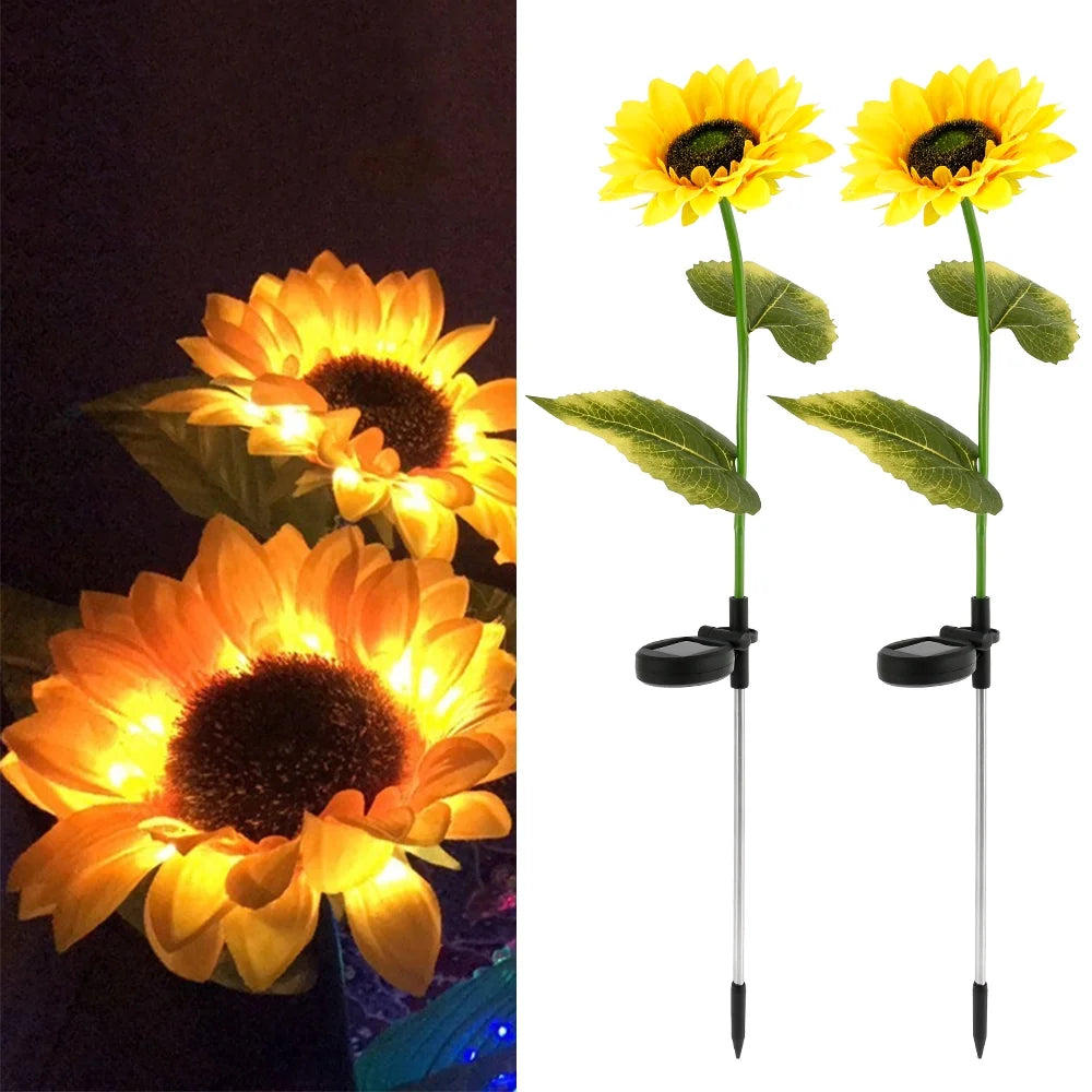 2 Packs Solar Garden Lights LED Outdoor Waterproof Decorative Sunflower Ornaments Stake Lights for Pathway Landscape Lamp Patio Fence Yard Lighting Outdoor Decor