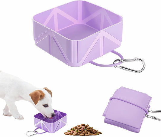 Portable Collapsible Silicone Dog Bowl, 12Oz(350Ml) Foldable Pet Travel Water & Food Dish with Carabiner for Hiking, Camping. Leakproof, Portable Food & Water Container for Dogs & Cats, Purple