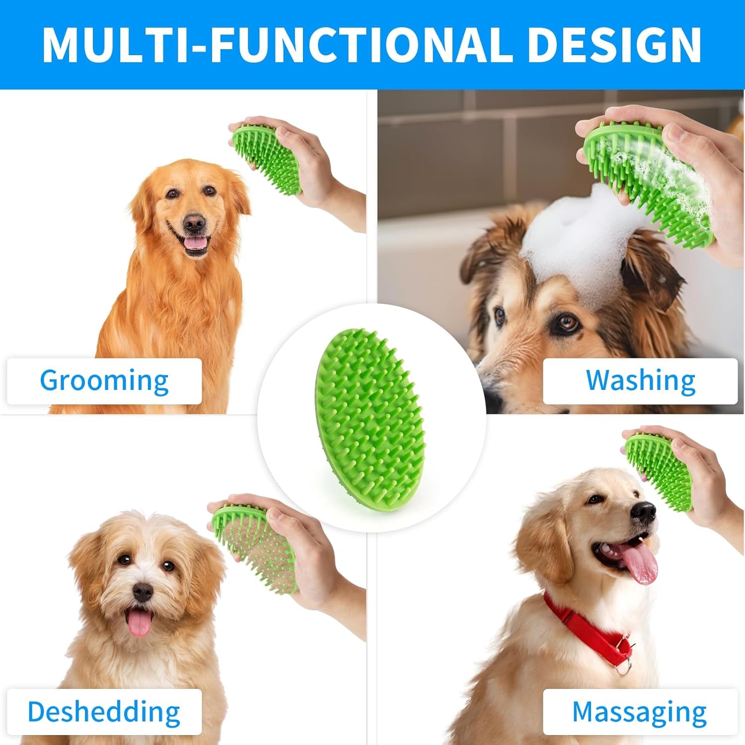 Dog Bath Brush, Green Double-Sided Shampoo Massage Brush, Adjustable Collar Handle for Grooming Short and Long Haired Pets(2Pcs)