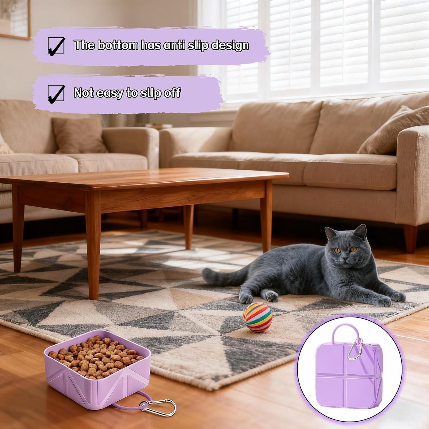 Portable Collapsible Silicone Dog Bowl, 12Oz(350Ml) Foldable Pet Travel Water & Food Dish with Carabiner for Hiking, Camping. Leakproof, Portable Food & Water Container for Dogs & Cats, Purple