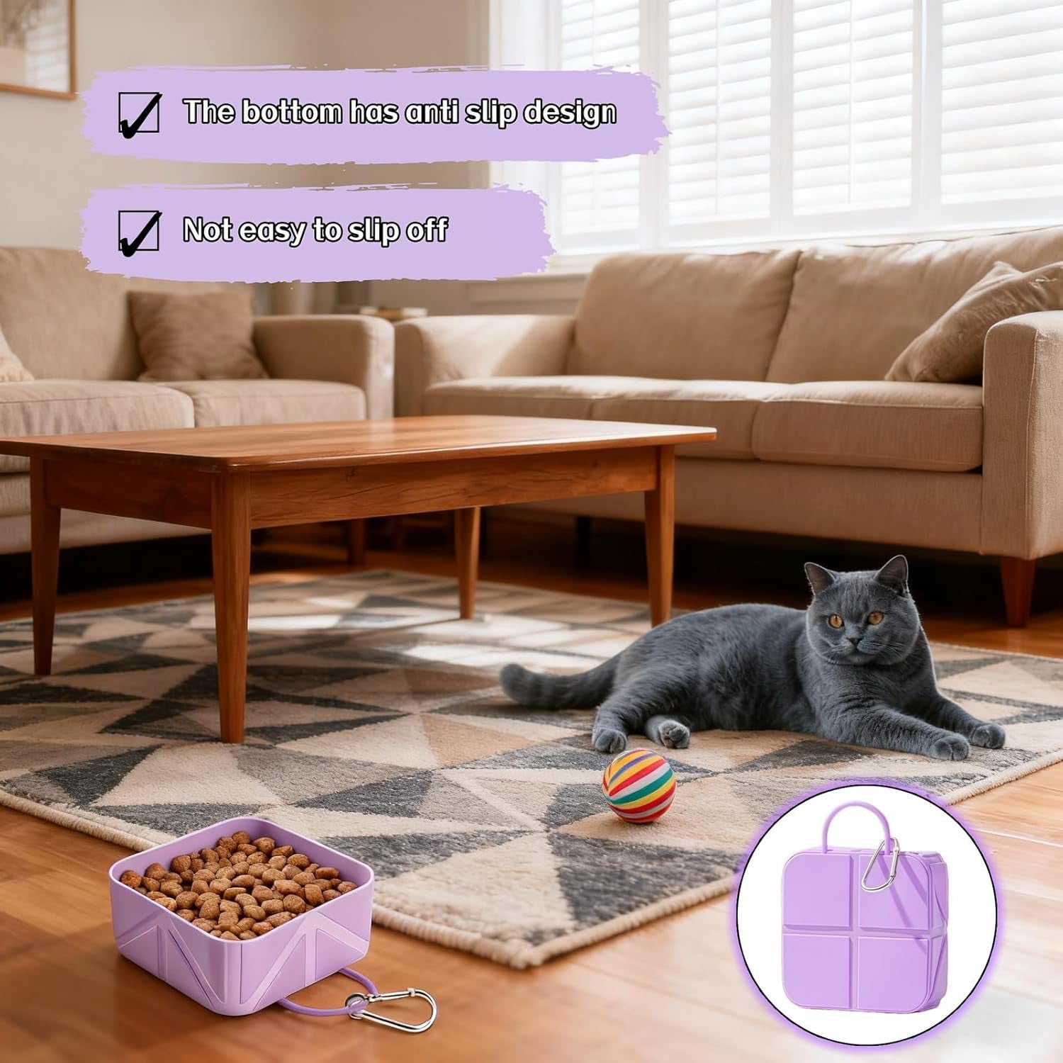 Portable Collapsible Silicone Dog Bowl, 12Oz(350Ml) Foldable Pet Travel Water & Food Dish with Carabiner for Hiking, Camping. Leakproof, Portable Food & Water Container for Dogs & Cats, Purple